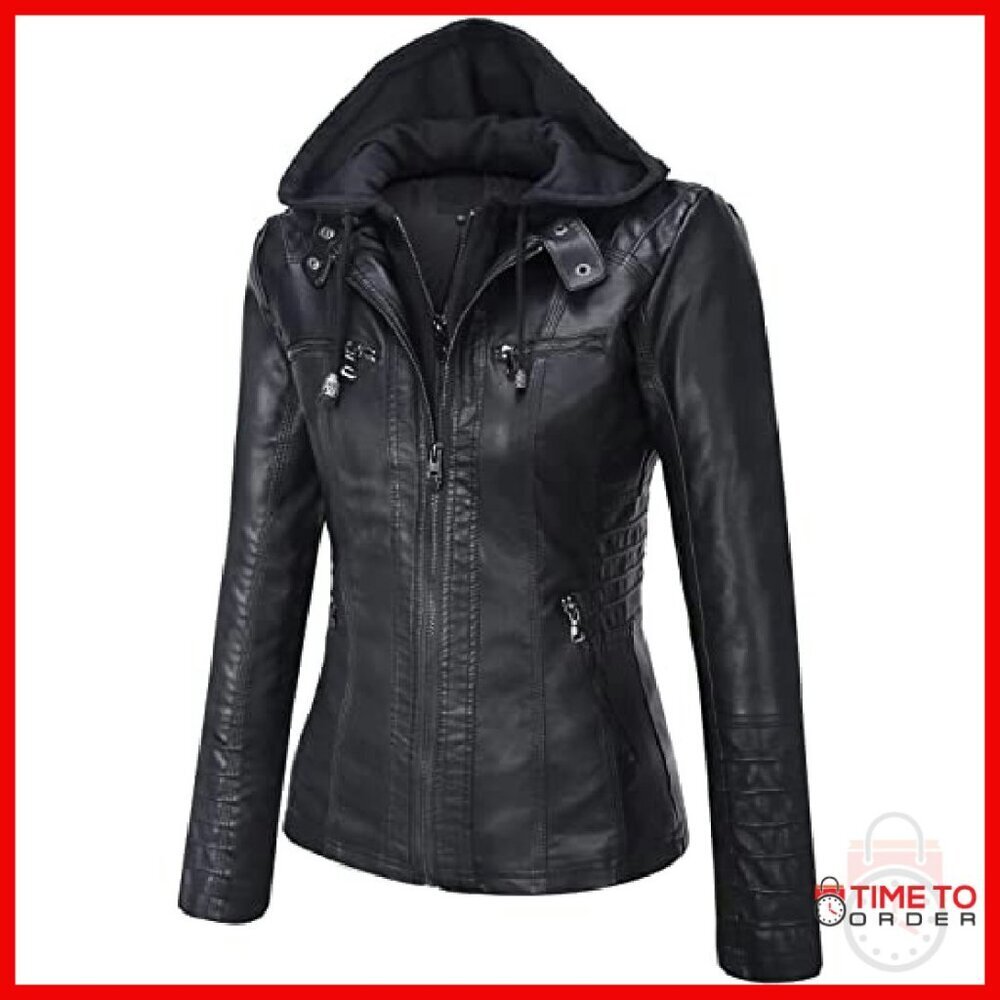 Faux Leather Moto Jacket with Detachable Hood, Zippered Pockets - Picture 3 of 8